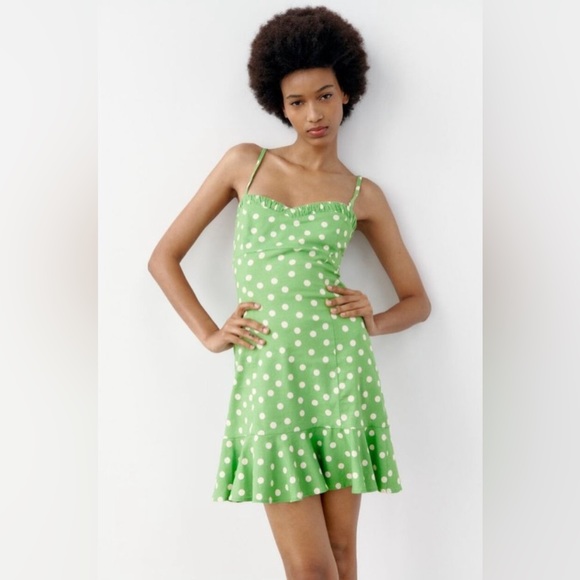 ZARA POLKA DOT PRINT DRESS SIZE XS LINEN BLEND - Picture 2 of 3